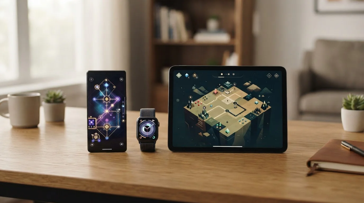 Distintos dispositivos Apple sobre una mesa mostrando juegos de casino en línea