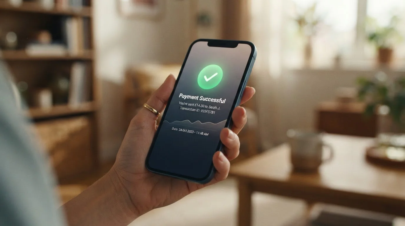 Móvil mostrando una transferencia instantánea entre cuentas bancarias españolas