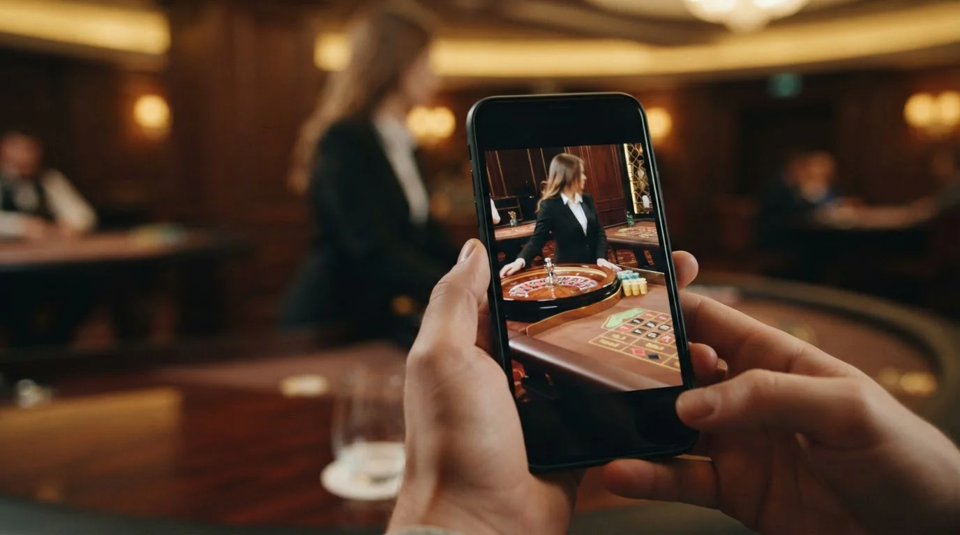 Mesa de casino en vivo con crupier retransmitida a una pantalla, vista desde la perspectiva de un jugador con el móvil