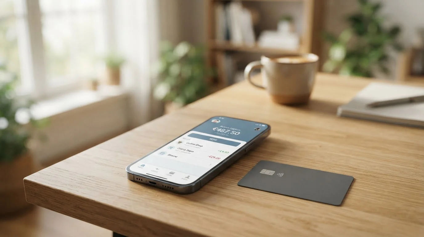Pantalla de smartphone mostrando la app de Bizum junto a una tarjeta bancaria sobre un escritorio limpio