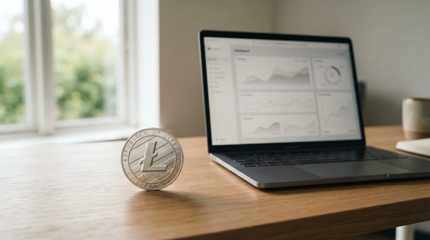 Moneda de Litecoin junto a un ordenador portátil en un casino online desde España