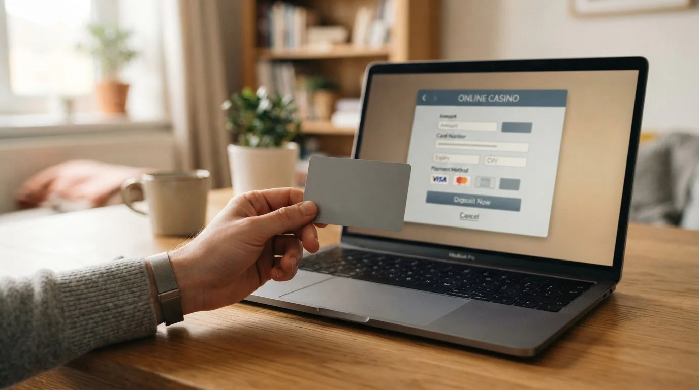 Mano sosteniendo una tarjeta bancaria frente a la pantalla de un casino online en España