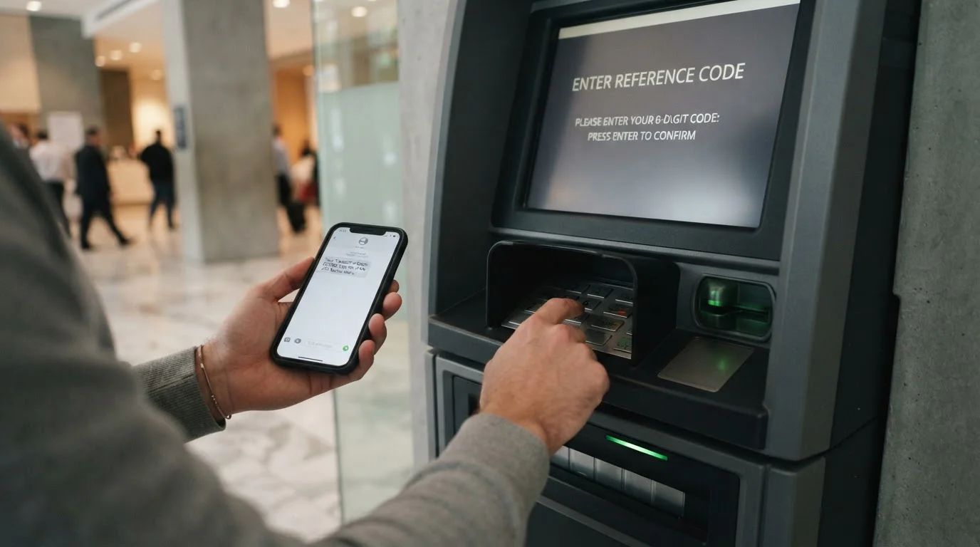 Persona introduciendo el código SMS de HalCash en un cajero automático sin tarjeta