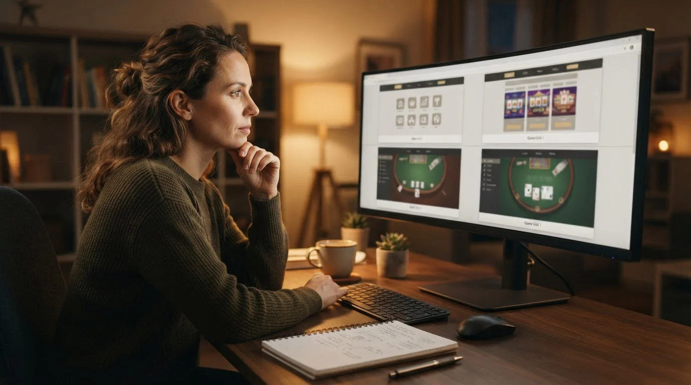 Persona comparando varias plataformas de casino con Binance Coin en una pantalla dividida sobre una mesa ordenada