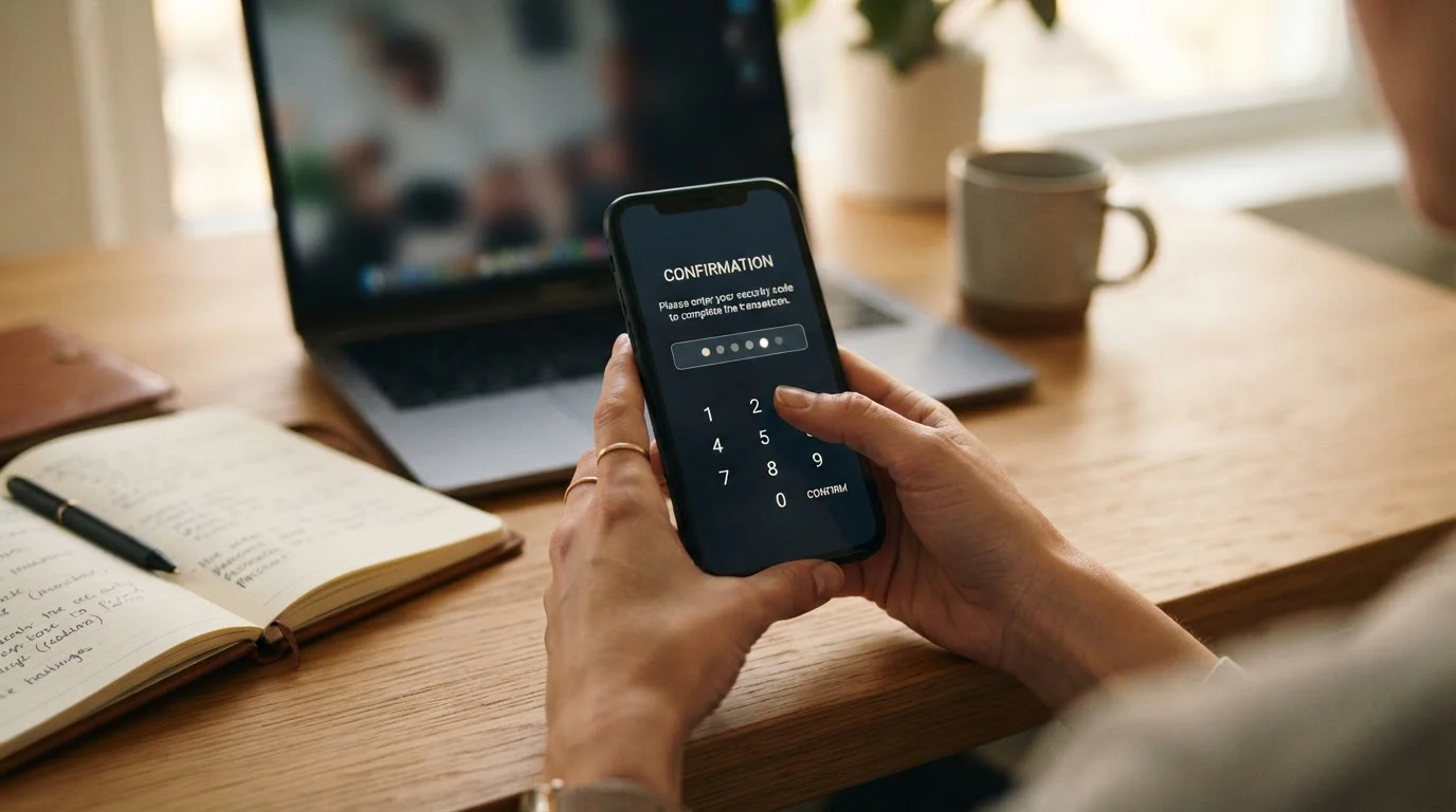 Persona sujetando un teléfono móvil con la pantalla de confirmación de un pago mediante código de seguridad