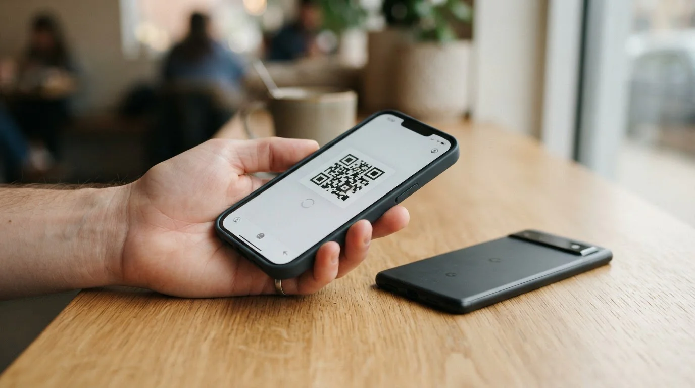 Móvil mostrando un código QR de pago junto a un monedero de criptomonedas para depositar USDC
