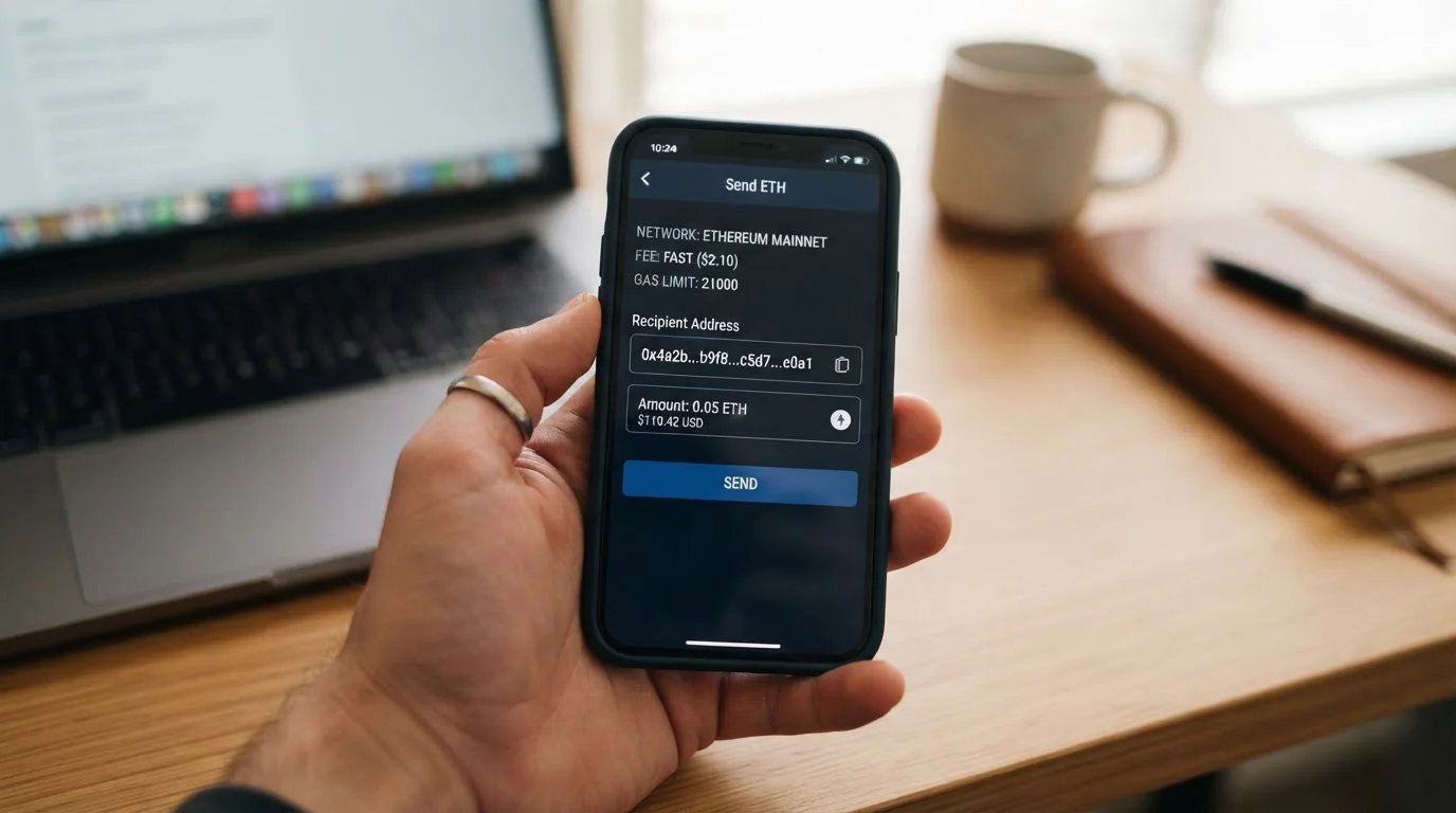 Pantalla de un monedero de criptomonedas mostrando el envío de USDT a una dirección de destino