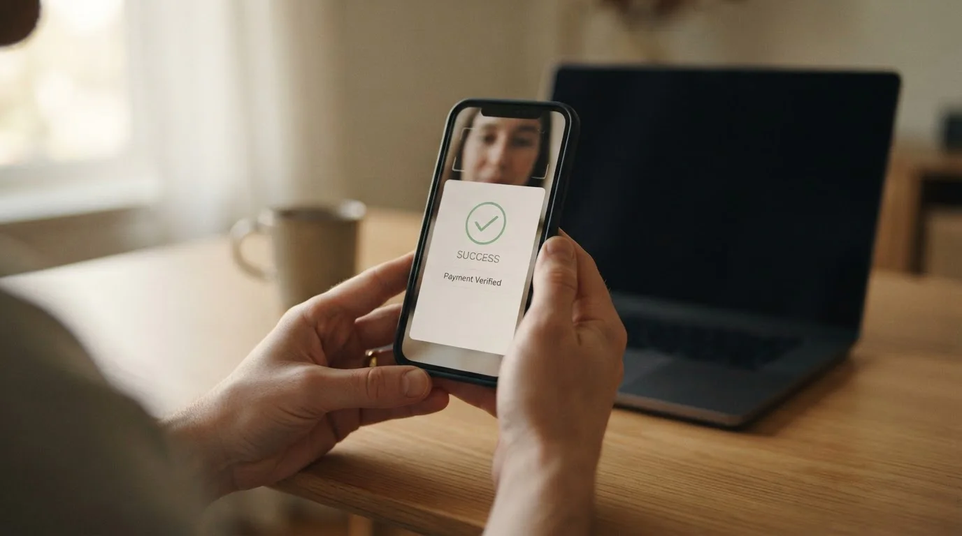 Manos confirmando un depósito en el casino con Face ID en el móvil