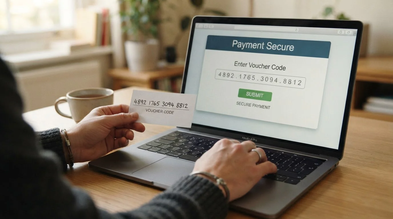 Persona introduciendo el PIN de dieciséis dígitos de paysafecard en el cajero de un casino