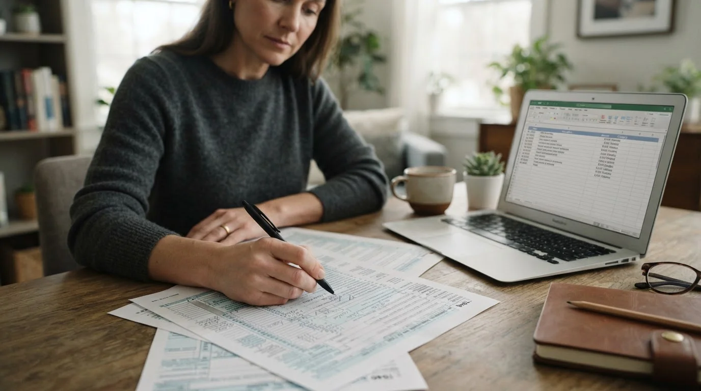 Persona revisando un impreso de declaración de la renta con anotaciones a mano en un escritorio tranquilo