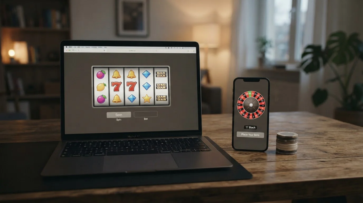Pantalla de tragaperras y mesa de ruleta en un casino online pagado con Revolut