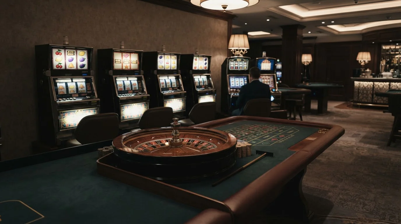 Mesa de ruleta y carretes de tragaperras en un ambiente sobrio de casino