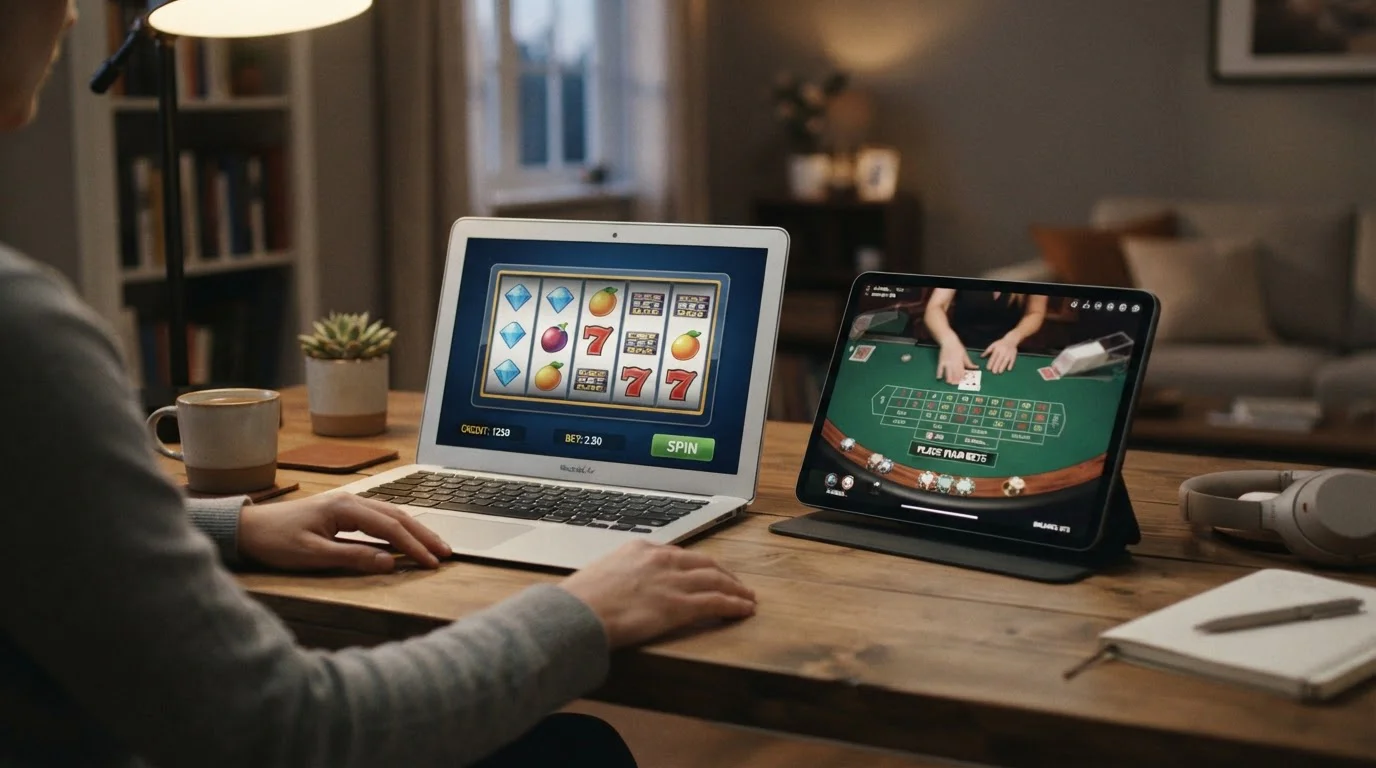 Pantalla de tragaperras y mesa de casino en vivo en un casino con Cardano
