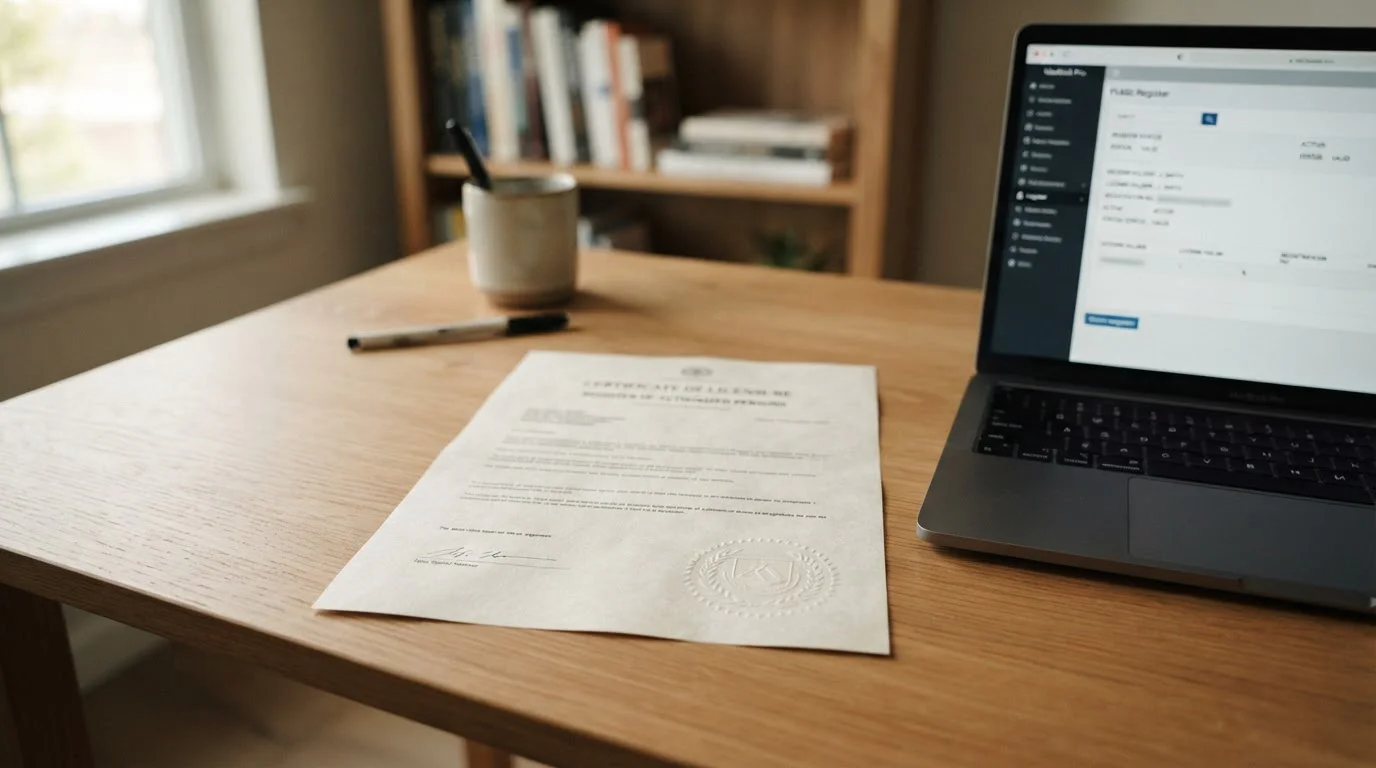 Documento de licencia oficial de juego sobre una mesa junto a un ordenador con el registro de operadores