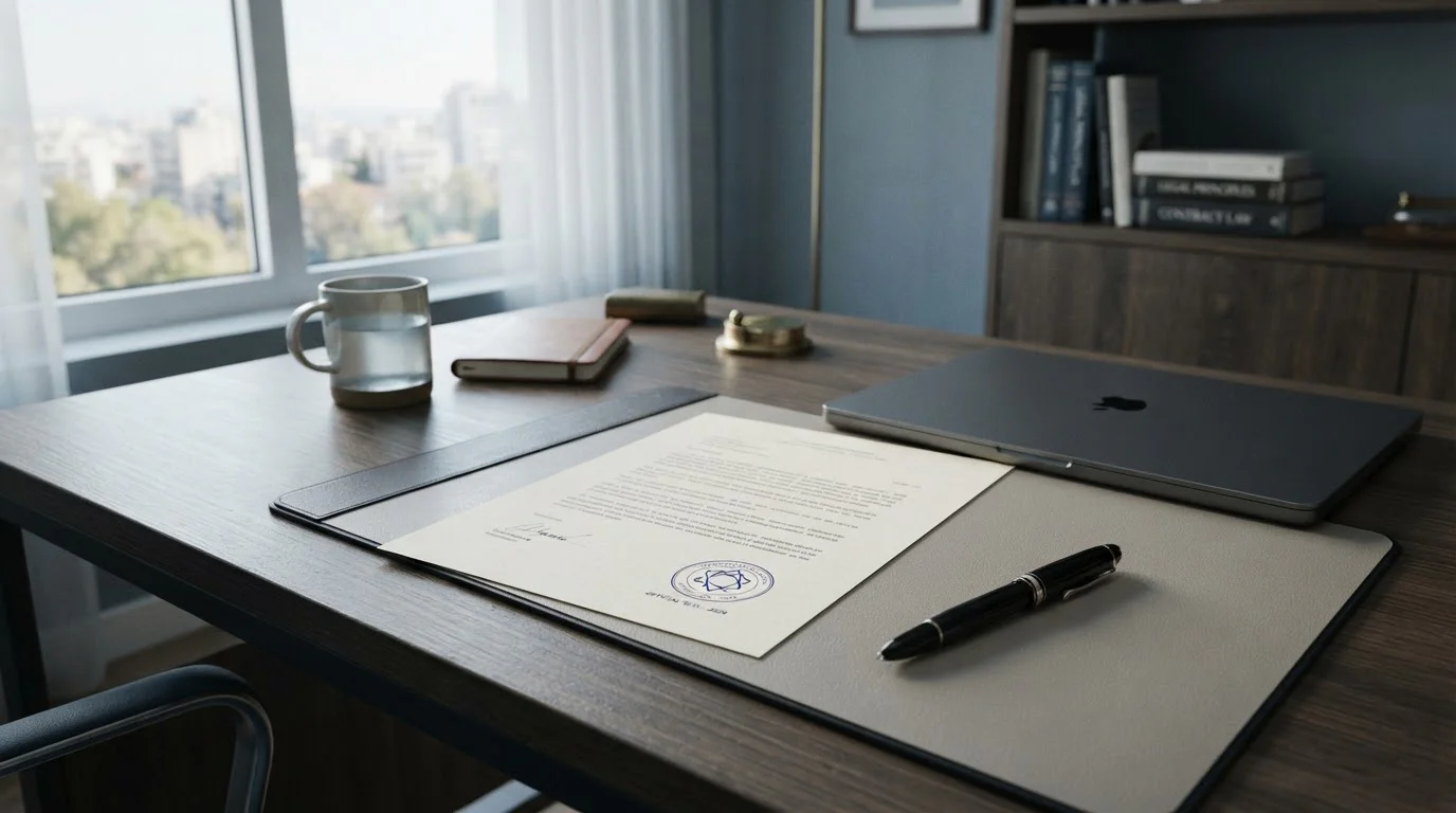 Documento legal español con sello oficial sobre una mesa de despacho junto a un portátil