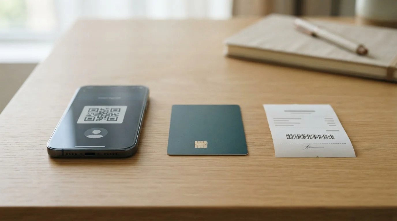 Primer plano de tres métodos de pago sobre un escritorio: teléfono con app Bizum, tarjeta bancaria y cupón de paysafecard