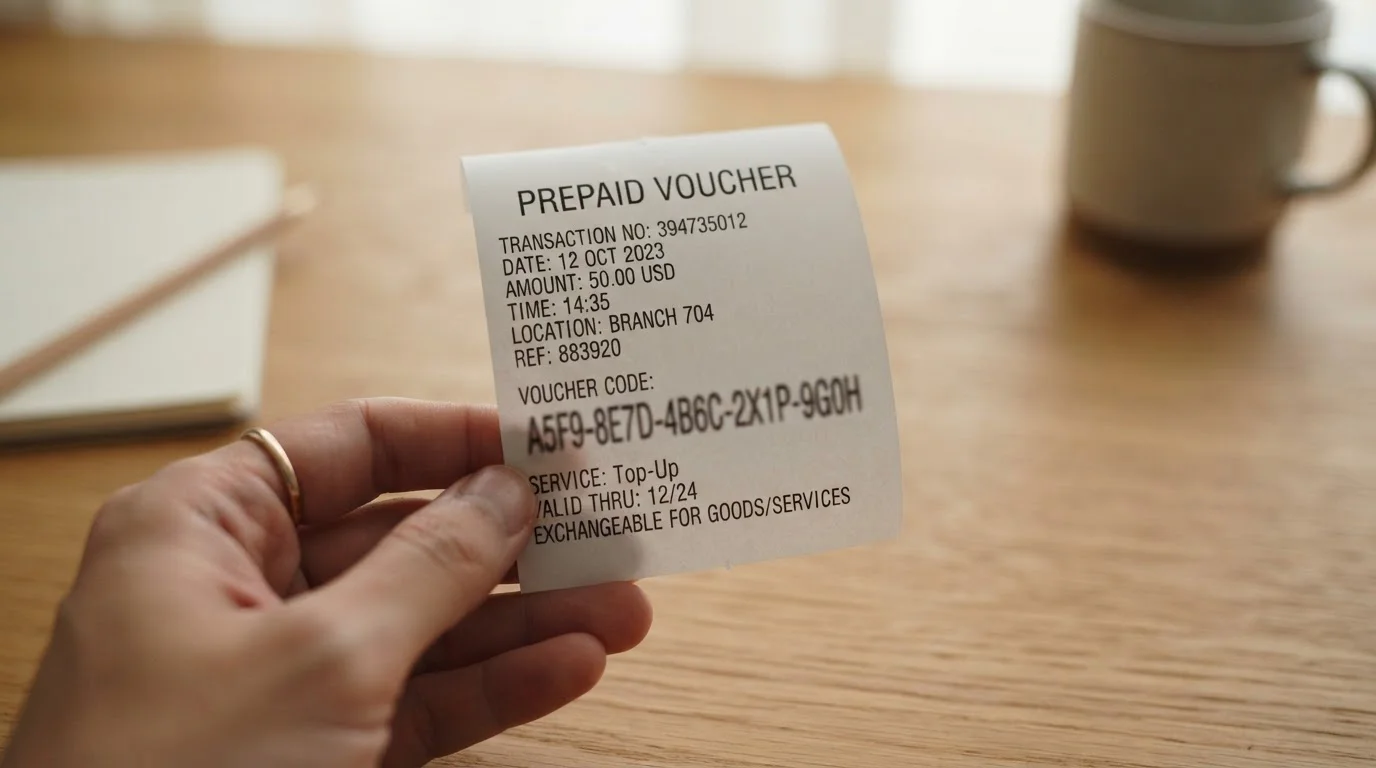 Vale prepago con código PIN de diez dígitos, formato de pago sin datos bancarios