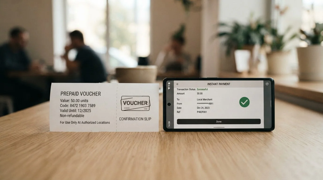 Comparación visual entre un cupón prepago y un pago móvil instantáneo sobre una mesa
