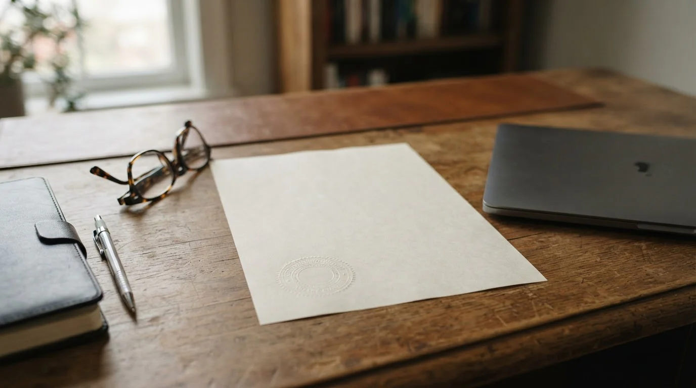 Documento legal español con sello oficial sobre una mesa junto a un portátil, sin logotipos