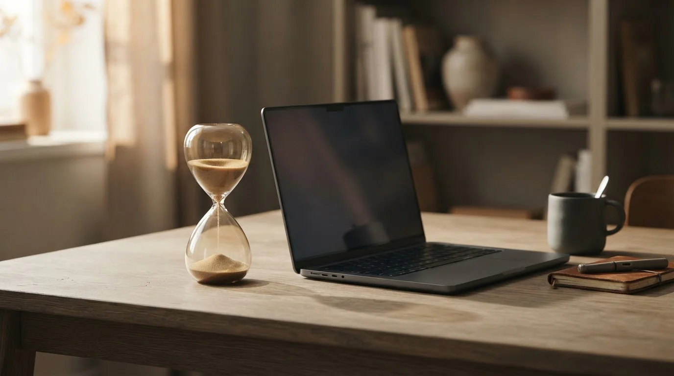 Reloj de arena junto a un ordenador que ilustra los tiempos de retirada con Litecoin