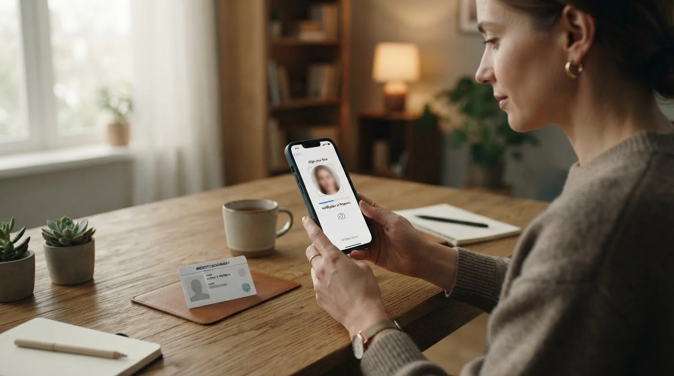 Persona verificando su identidad en el móvil para acelerar una retirada rápida