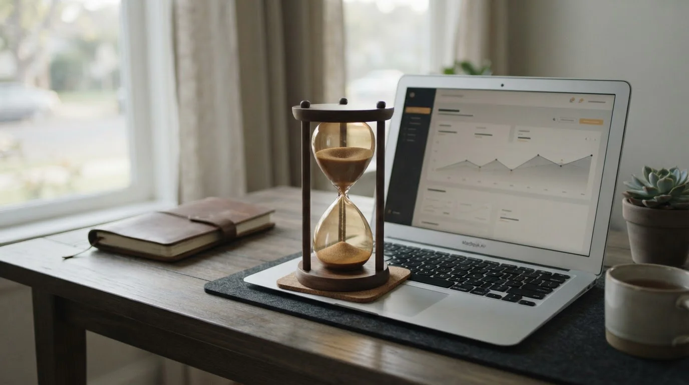 Reloj de arena sobre un escritorio junto a un portátil que muestra una pantalla neutra de banca
