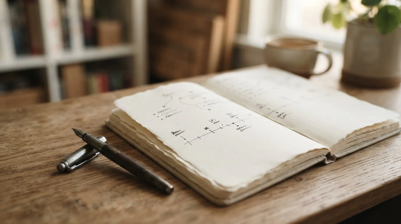 Línea de tiempo dibujada en un cuaderno que representa los días de espera de una retirada por transferencia