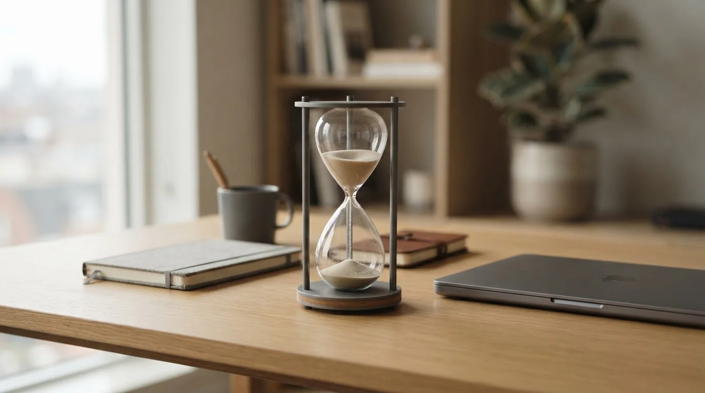 Reloj de arena sobre un escritorio ordenado que representa los tiempos de retirada en el casino
