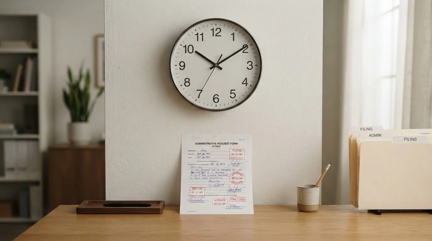 Reloj de pared junto a un documento de solicitud sellado sobre una mesa de oficina tranquila