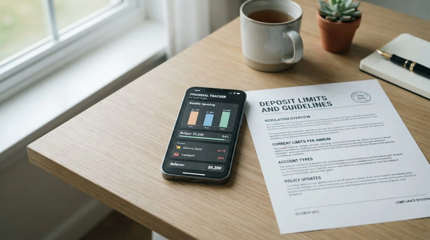 Panel de gastos en la app de Revolut junto a un documento sobre límites de depósito