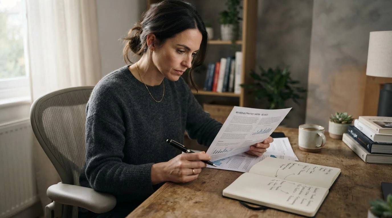 Persona revisando documentos junto a un cuaderno de anotaciones en un escritorio tranquilo