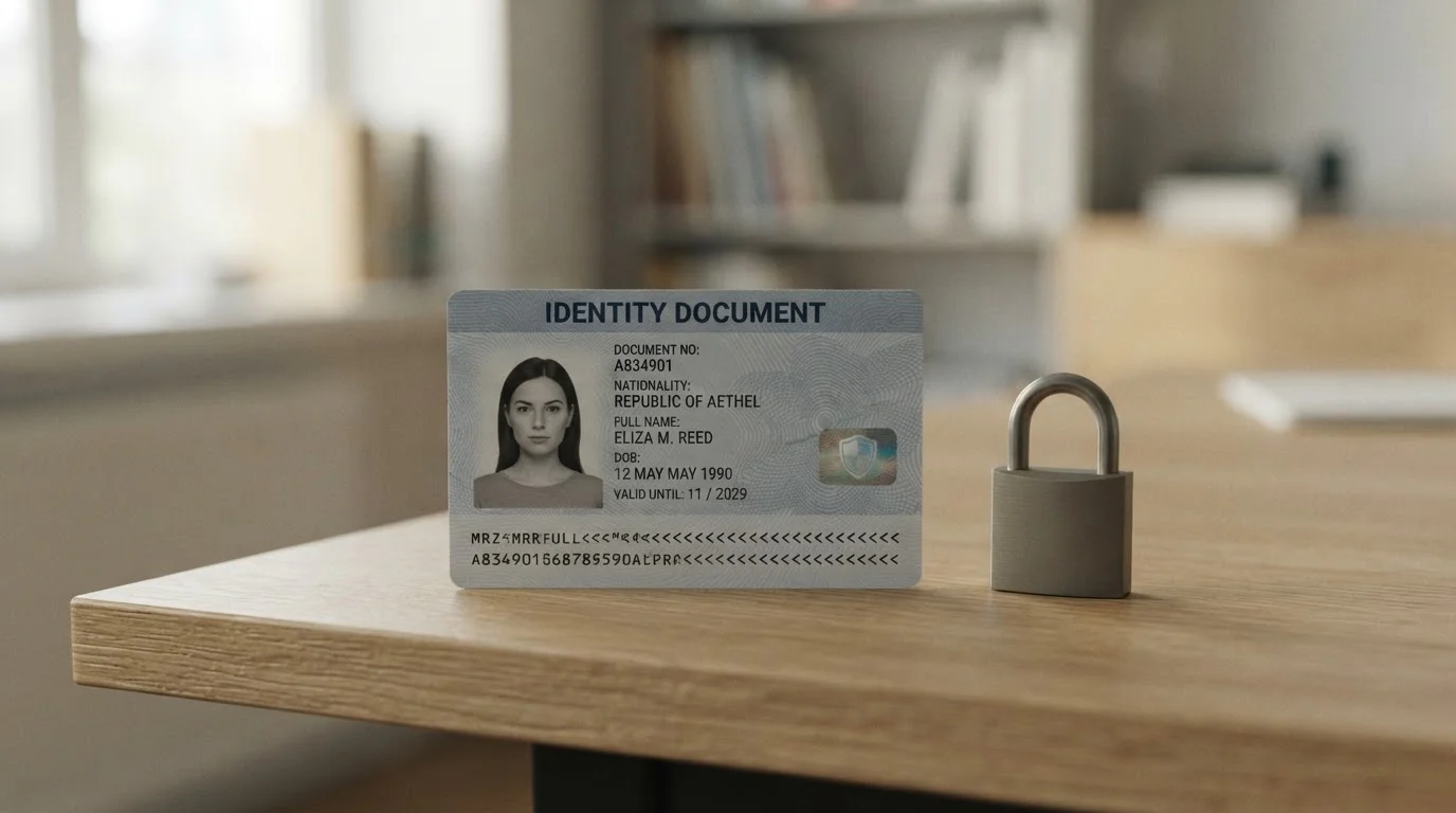 Documento de verificación de identidad junto a un candado, simbolizando la privacidad bancaria de paysafecard