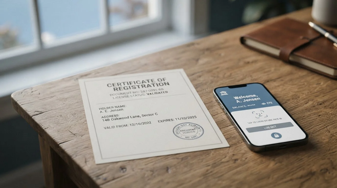 Sello de licencia DGOJ sobre un documento junto a un teléfono con la app de un banco