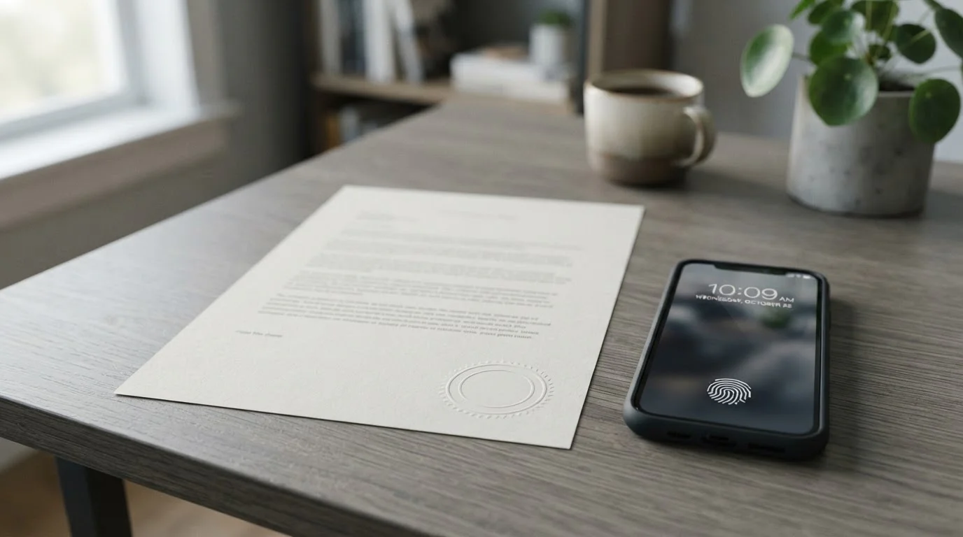 Documento de licencia sin distintivos junto a un teléfono con autenticación segura