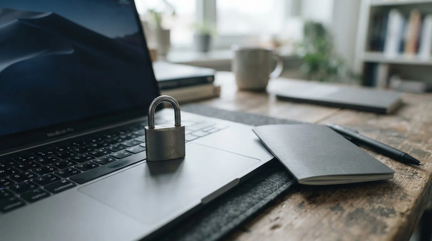 Candado cerrado sobre un teclado de portátil junto a un documento de identidad genérico sin datos visibles