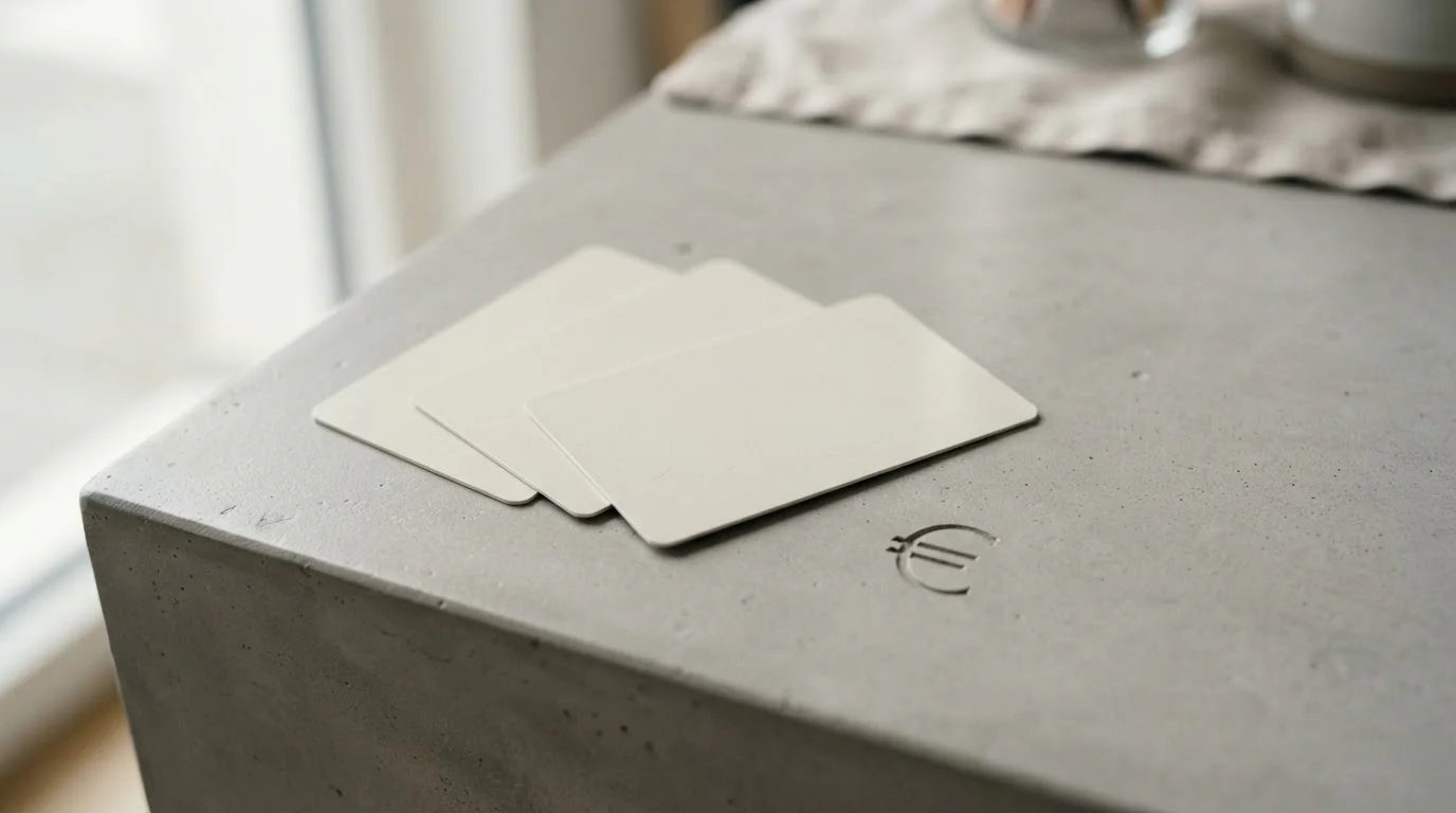Tres tarjetas genéricas sin marca en abanico sobre una superficie neutra, símbolo del euro grabado