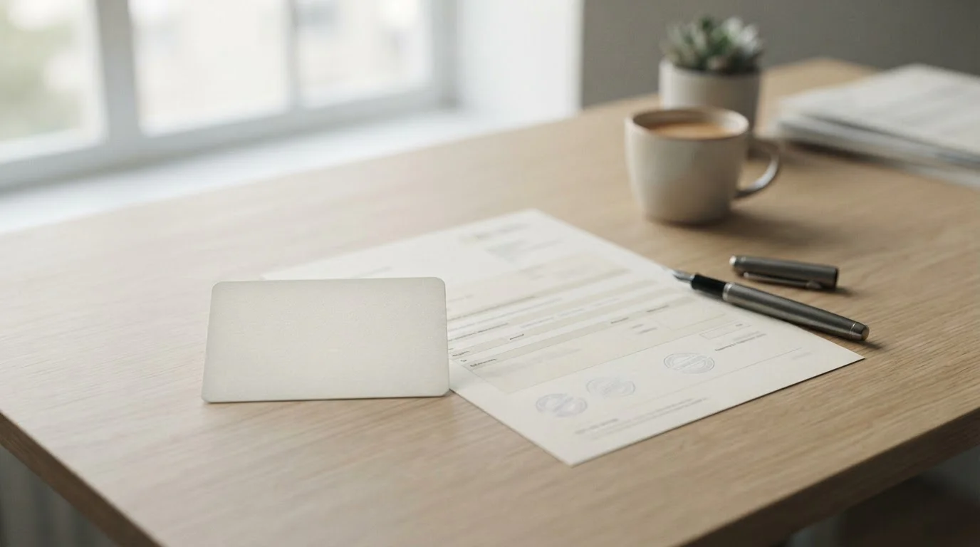 Escritorio con una tarjeta neutra sin marca y un documento de transferencia para comparar métodos de pago