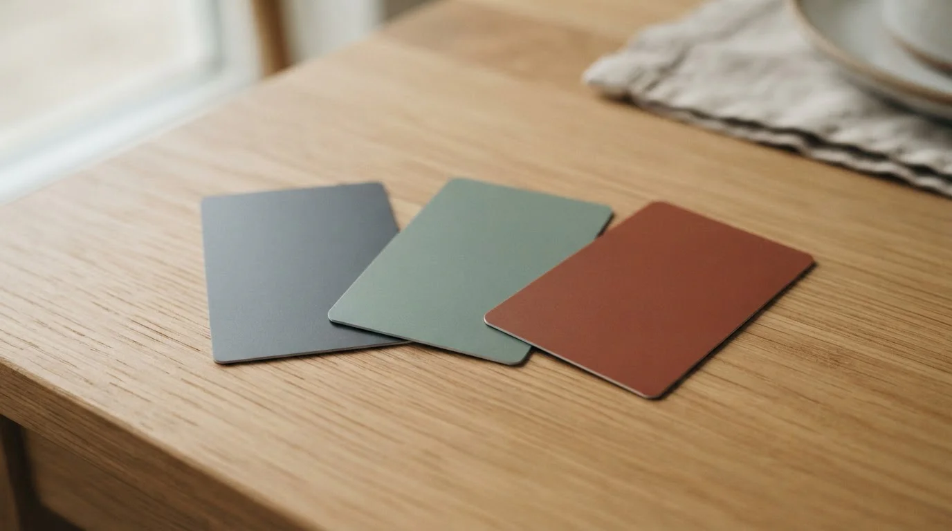 Tres tarjetas genéricas sin marca ordenadas sobre una mesa representando débito, crédito y prepago
